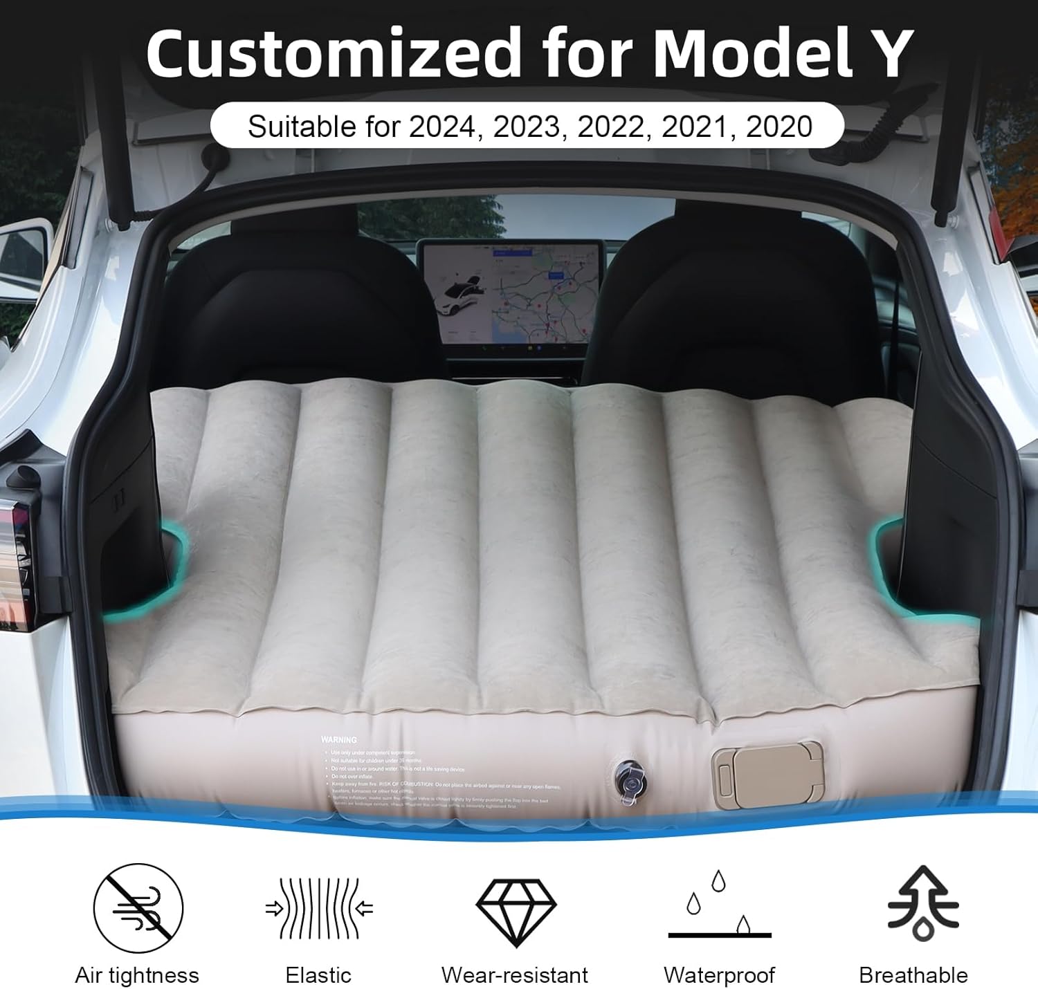 Self-Inflating Mattress for Tesla Model Y and Model 3 (2021–2025), Comfortable Car Sleeping Pad with Cordless Rechargeable Air Pump, Portable Camping Mattress with Storage Bag
